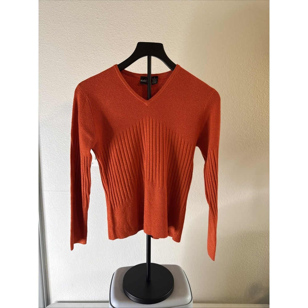 Studio Y Women's Solid Orange Ribbed Sweater Long Sleeve Size S